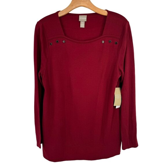 Chicos 1 Womens top Red Long Sleeve Button destail Size medium knit long sleeve - Picture 2 of 12